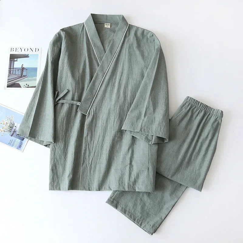 Spring/Autumn Japanese Kimono Mens Pajamas Men Sleepwear Male Thin Ninth Sleeve Lace-Up Top Pants Loose Two-piece Homewear 260917