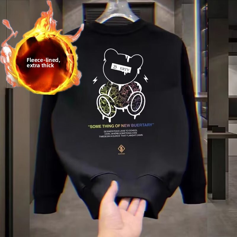 Heavyweight Cotton Autumn Winter Fleece Sweatshirt For Men, Simple Fashion Letter Round Neck High Street Style Casual Versatile Base Shirt