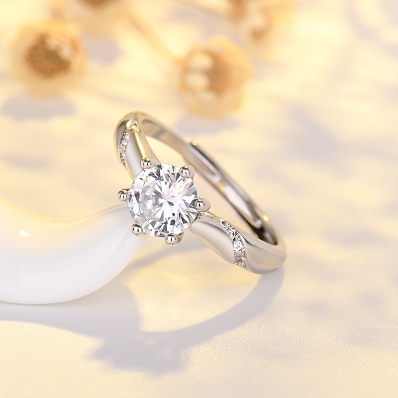 Adjustable Diamond Ring S925 Sterling Silver Proposal Ring Chic Korean Style Six-Prong Single Ring Couple Ring Women's Jewelry