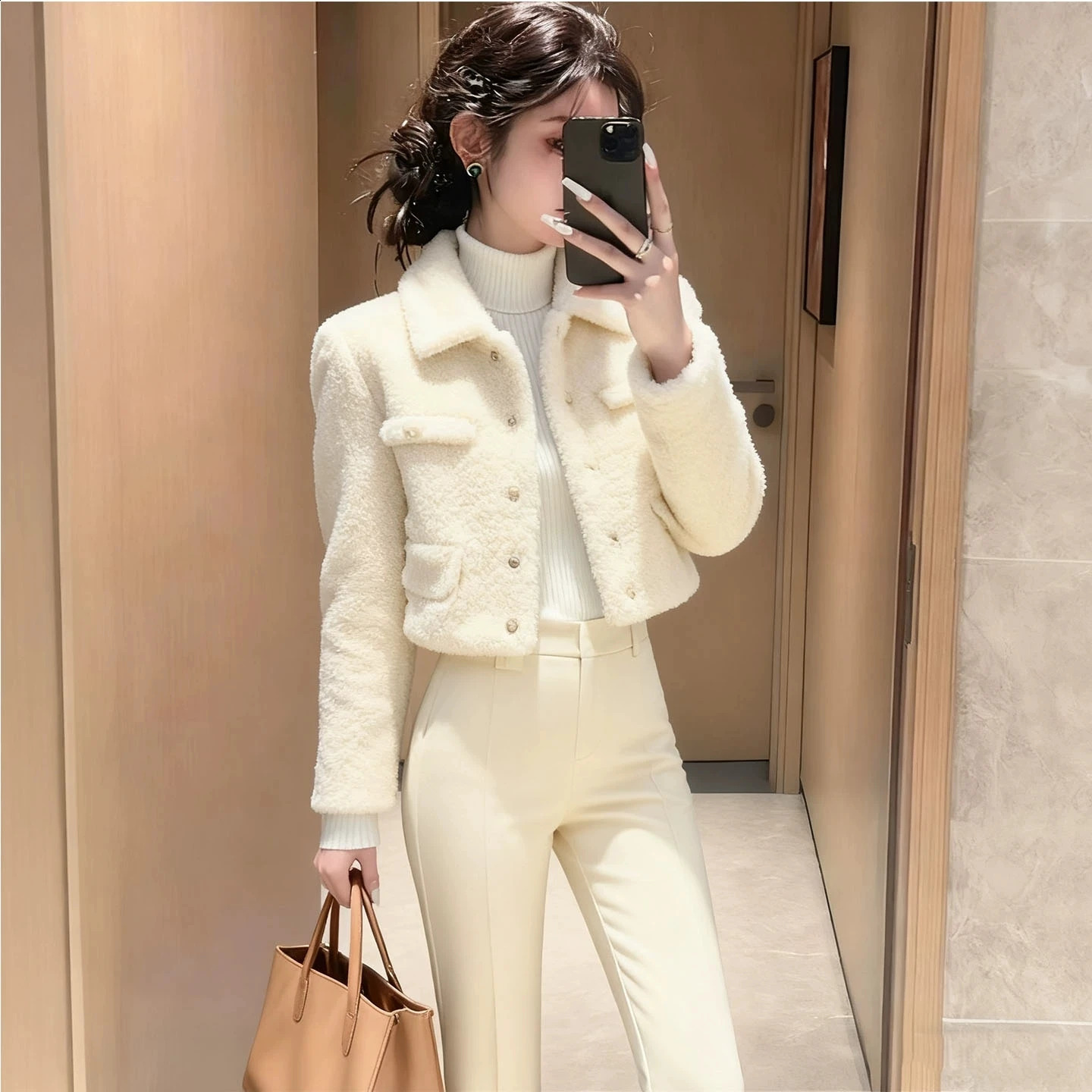 Women's Elegant White Lamb Wool Short Coat Autumn 2026 Lapel Top High-End Casual Outwear with Long Sleeves All-match y Clot 260917