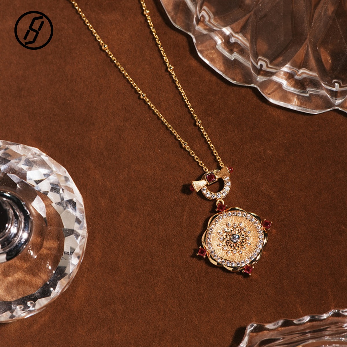 Italian Royal S925 Sterling Silver Satin Brushed Rose Medallion Necklace 18K Gold Plated Ruby CZ Scalloped Pendant Toggle Designer Necklace for Wome
