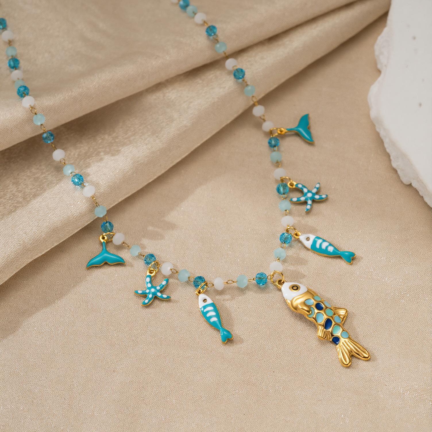 Ocean-style stainless steel necklace enamel fish tail and starfish pendant, paired with faux pearl chain, holiday-style collarbone chain for women