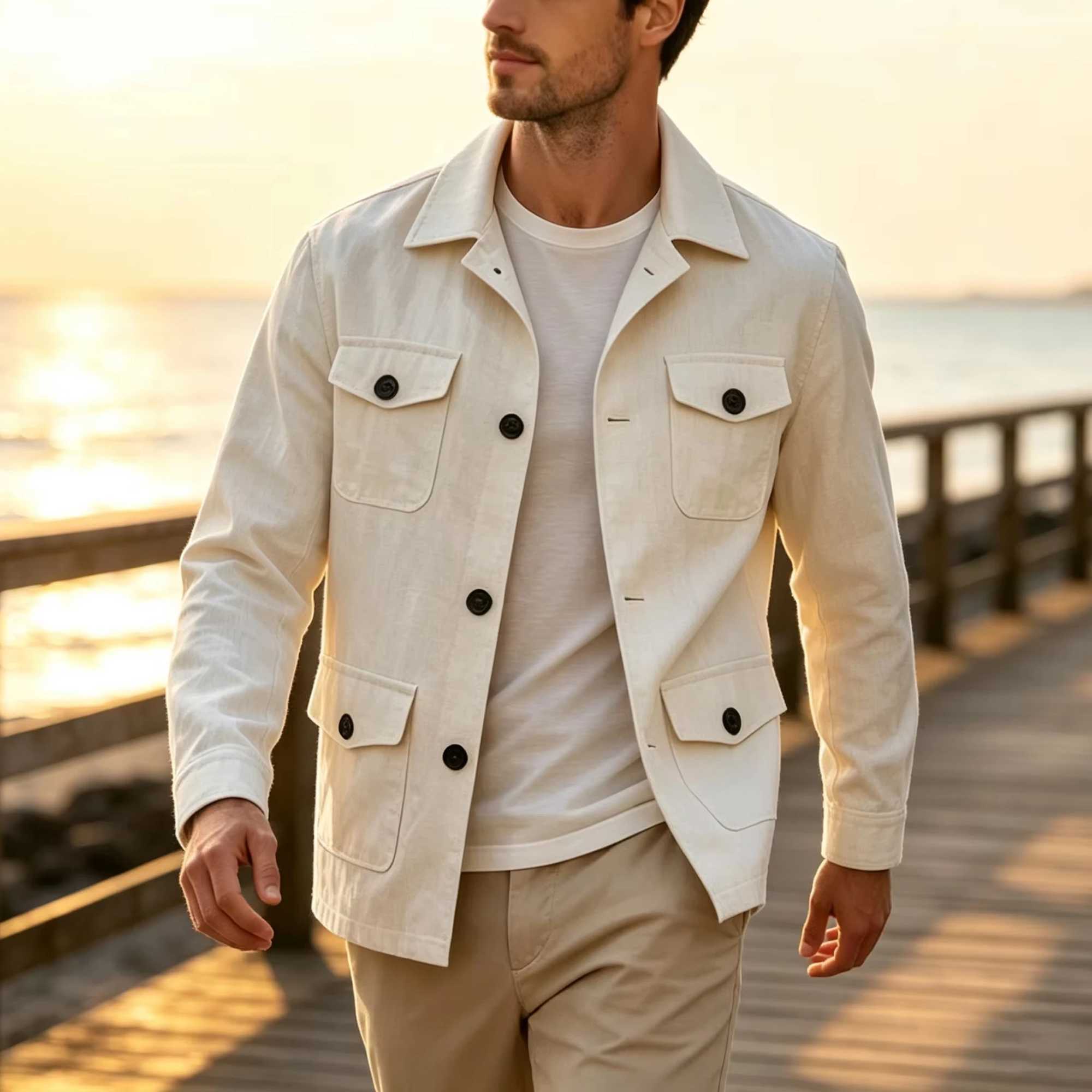 Men's Linen Blend Safari Jacket Retro British Style Multi-Pocket Workwear Coat Business Casual Suit Blazer for Spring Summer S260918F7BI