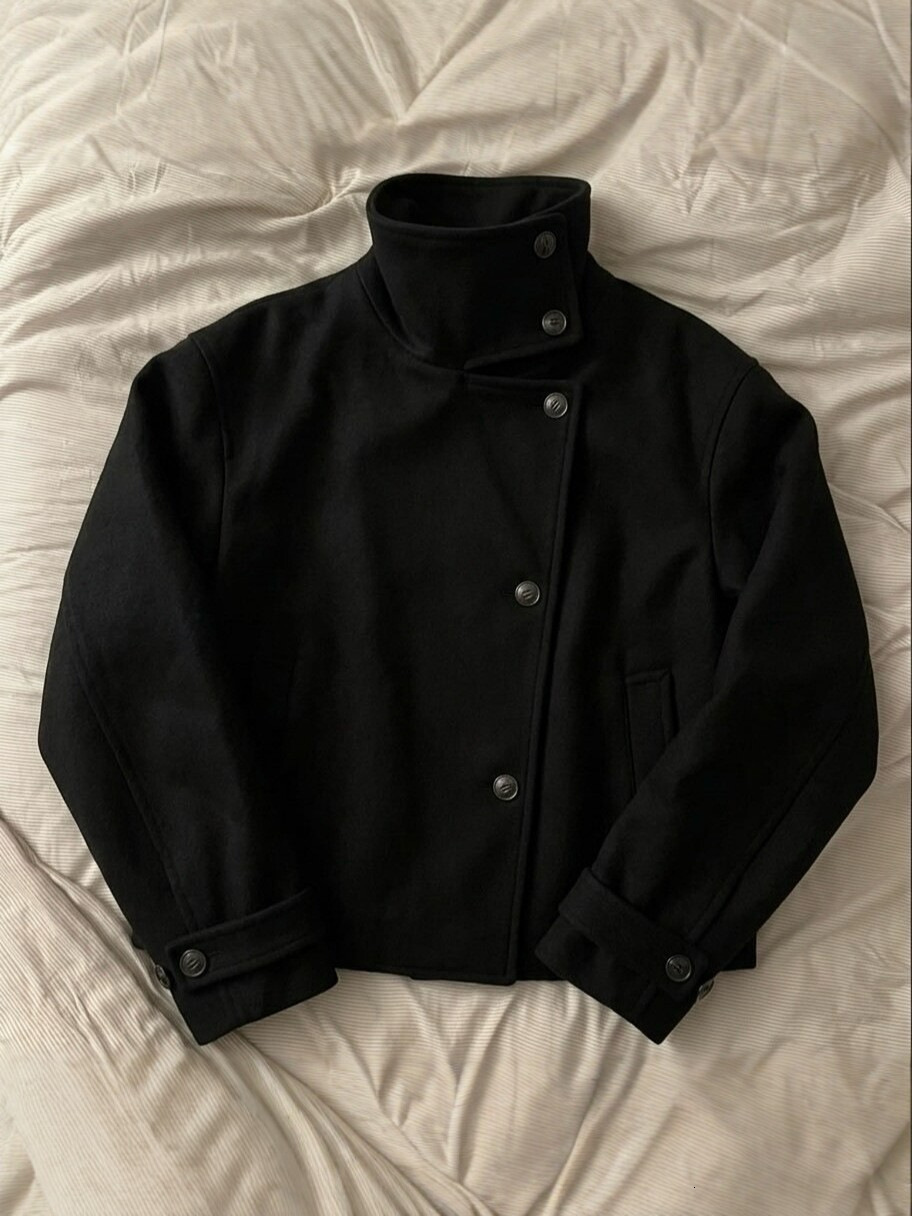 Cross-border new minimalist solid-color short wool jacket with high stand-up collar, diagonal button closure, and folded cuffs, a stylish outerwear