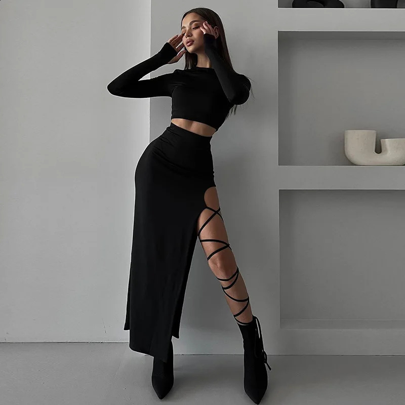 Fashionable and sexy women's autumn solid color casual long-sleeved round neck top slim strap slit skirt suit 260917