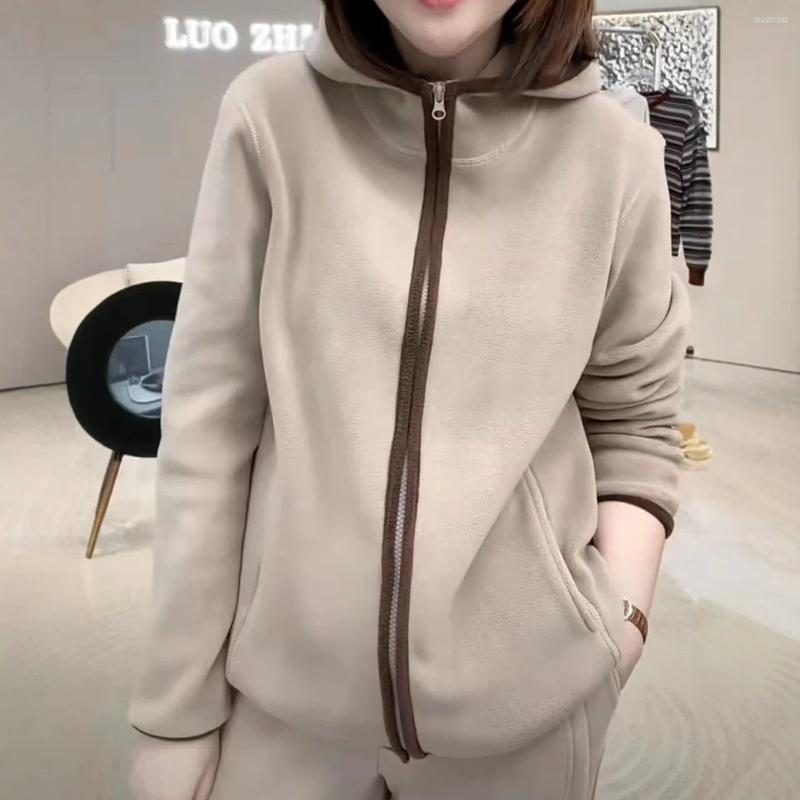 Double-Sided Thickened Fluffy Autumn Winter Women's Casual Slimming Warm Windproof Hoodie Jacket Polyester Long Sleeve Zipper