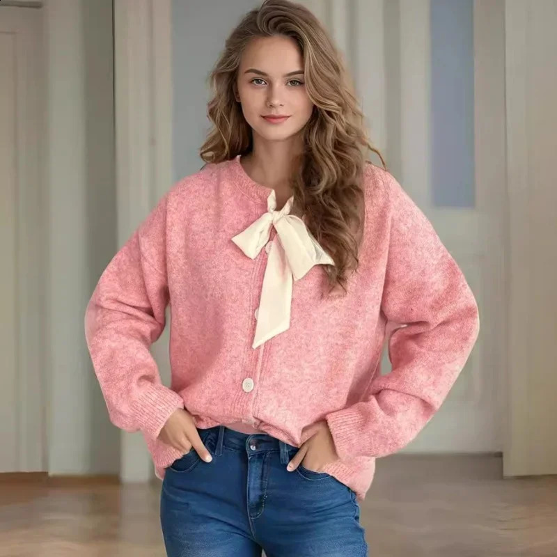 2024 Bow Tie Tied Sweater Women Sweet Lovely Knitted Cardigan Female Fashionable Casual Trend Sweaters Coat 260910