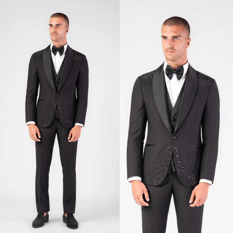 Exquisite Mens Suits 2 Pieces Jacket Pants Shawl Collar Beading Formal Banquet Party Wedding Tuxedos Customized Chaqueta Hombre