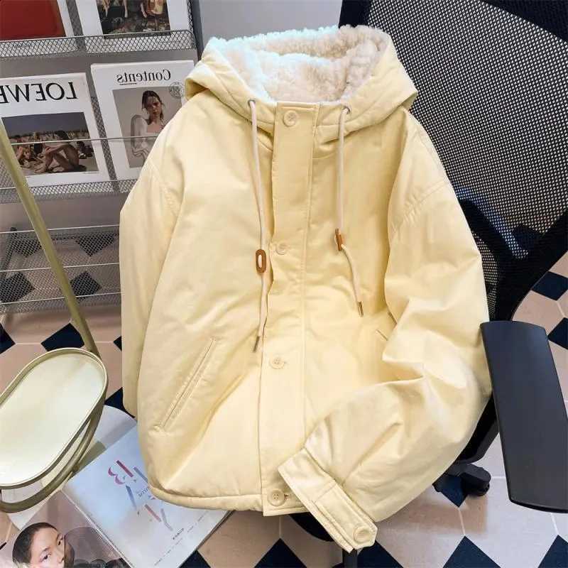 Yellow Winter Thick Parkas Women Long Sleeve Zipper Lace Up Casual Hooded Puffy Coats Faux Woolen Warm Loose Sweet Cute Jacket H260917