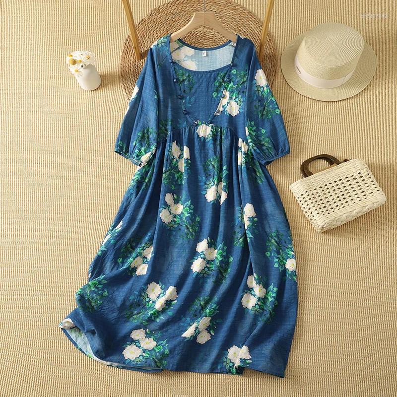 Elegant Peony Print Vacation Dress Mommy Style Midi Round Neck Short Sleeve High Quality Cotton Polyester Blend Casual ...