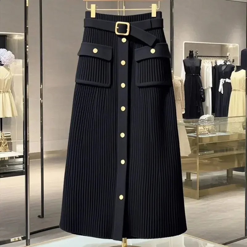 High End Elegant Knitted Skirt Women Office Lady High Waist Fashion Single Breasted Slim Wrapped Hip Midi Skirt 260917