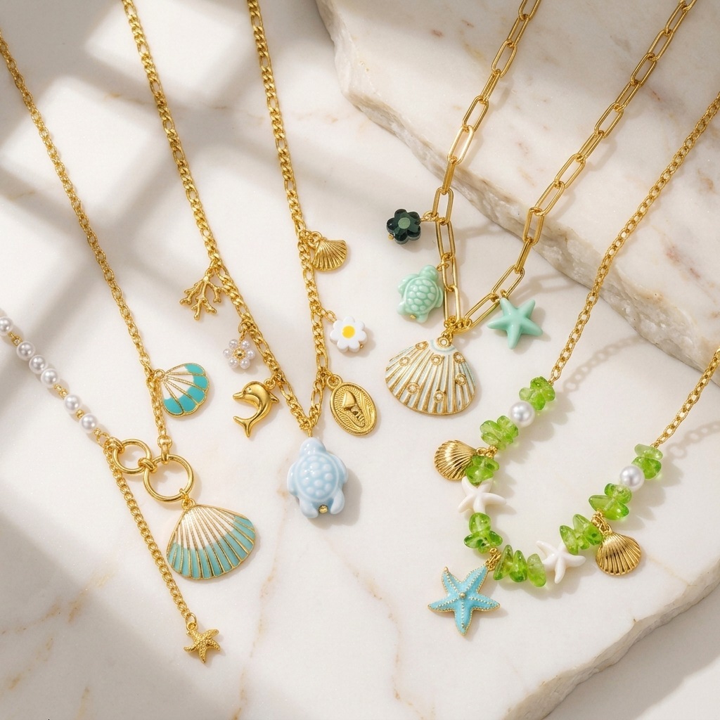 popular ocean-themed for women, ins niche design with shell, starfish, and turtle pendants, stainless steel necklace