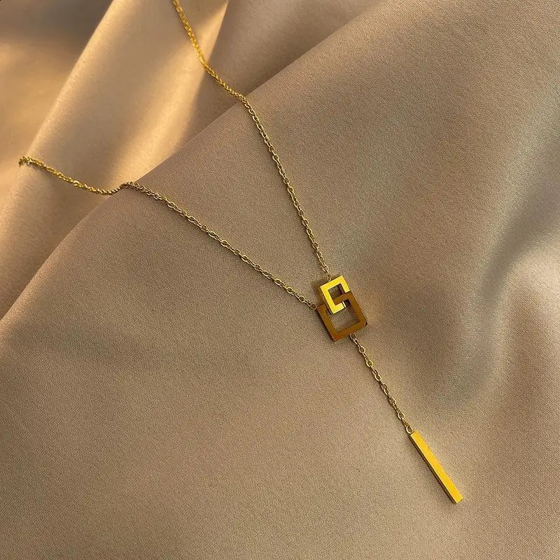 Stainless Steel Creative Gold Color Geometric Square Cross Pendant Necklace for Women Charm Long Choker Jewelry Colorfast 260917