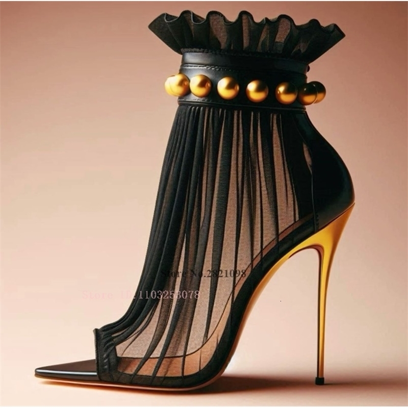 Black Mesh with Gold Stud Thin Heeled High Stiletto Heel Ankle Boots Open Pointed Toe Stilettos Heels Sexy Short Women y260818