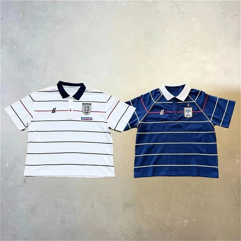 Retro Striped Patchwor Polo Shirts Embroidered British Style Football T Shirts Summer Harajuku Trendy Unisex Oversized Tops 260917
