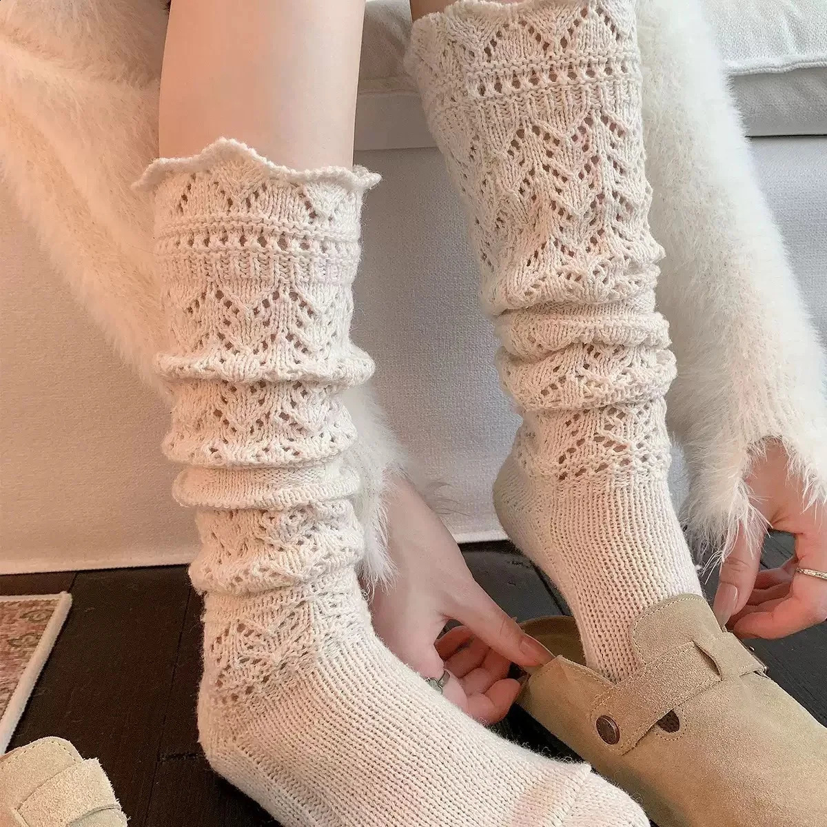 Women's Hollow Knitted Cotton Slouch Socks Spring Warm Retro Middle Tube Calf Sock japanese fashion JK Lolita Vacation Casual 260917