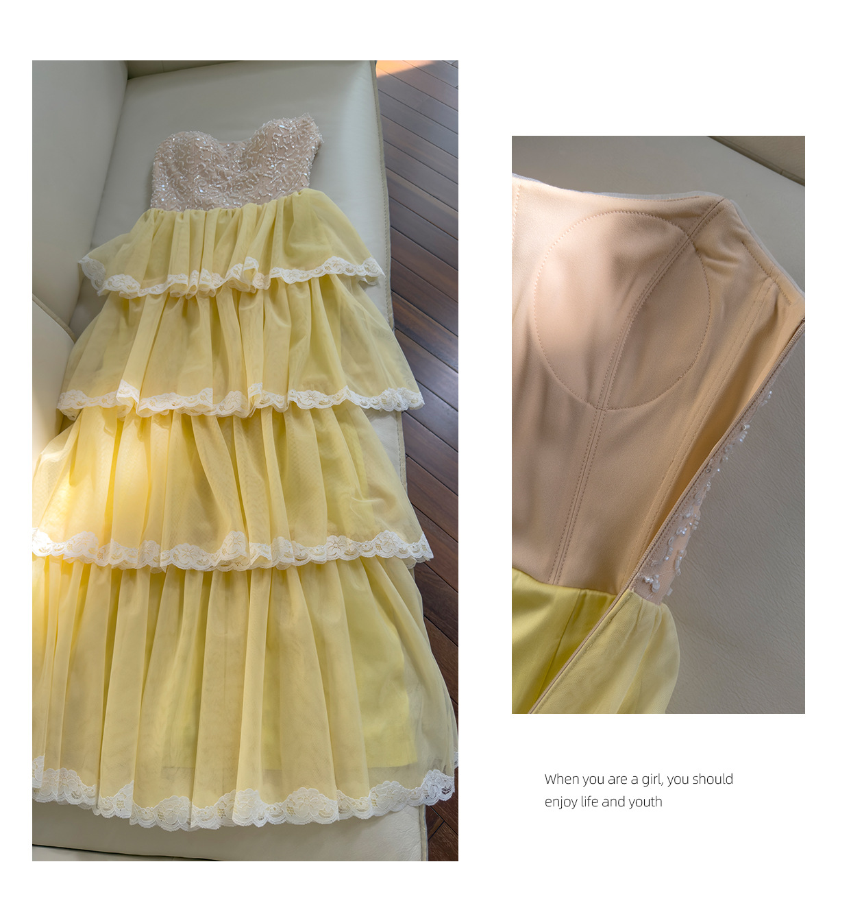 2026 Autumn Yellow Solid Color Beaded Tulle Dress Strapless Scoop Neckline Panelled Long Maxi Casual Dresses J6S179672 Haute Couture Check Size Char