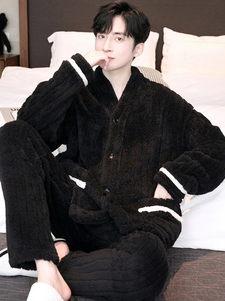 Thick Coral Fleece Pajamas Men's Autumn Winter Long Plush Casual Large Size Outdoor Wearable Flannel Home Clothes Set 260917