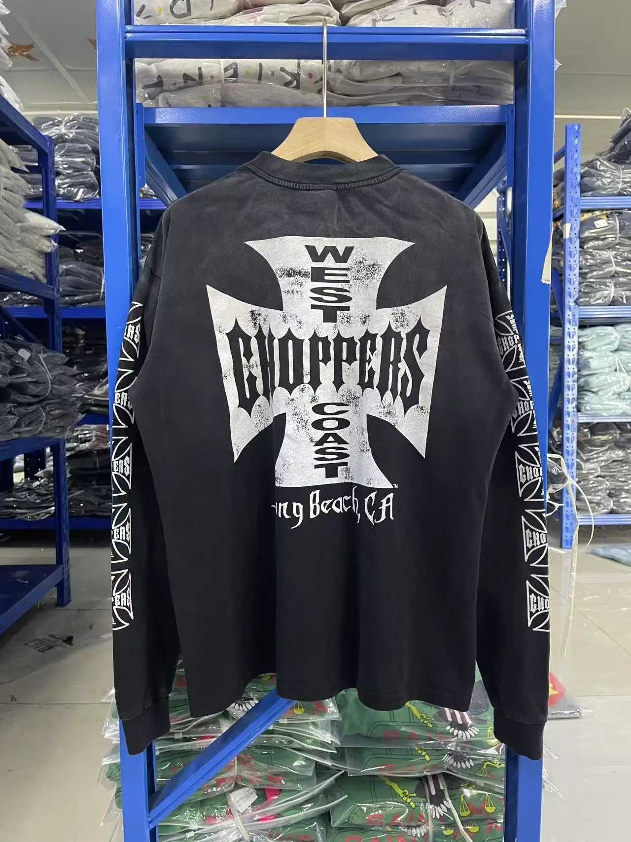 New Y2K Saint West-Coast Choppers Co branded long slved washed distressed cross print 100% pure cotton loose men's long slved T-shirt Q260917