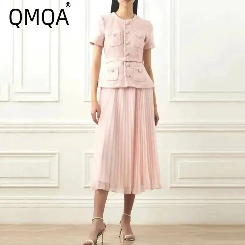 QMQA Fashion Women's Elegant 2 Pcs Set O Neck Short Sleeve Sequins Tweed Belt Coat High Waist Pleated Skirts Sets 1A115 260917