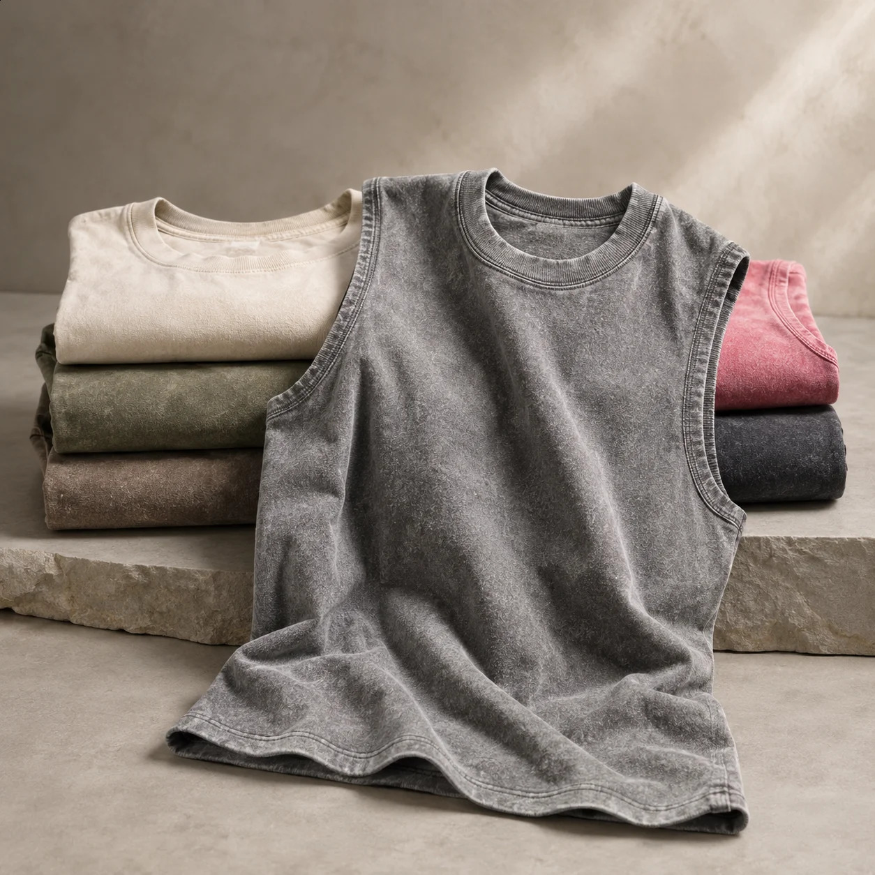 100 CottonQuality Men Washed Cotton Tank Top 230G Sleeveless Muscle Gym Vest Vintage Loose Shoulder Summer Running Beach T Shirt 260918