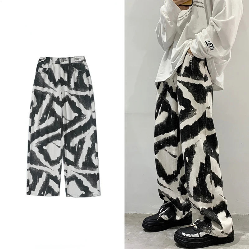 Streetwear Zebra Printed Jeans Men Straight Casual Wide Leg Oversize Denim Pants Hip Hop Animal Baggy Trousers Male 260918