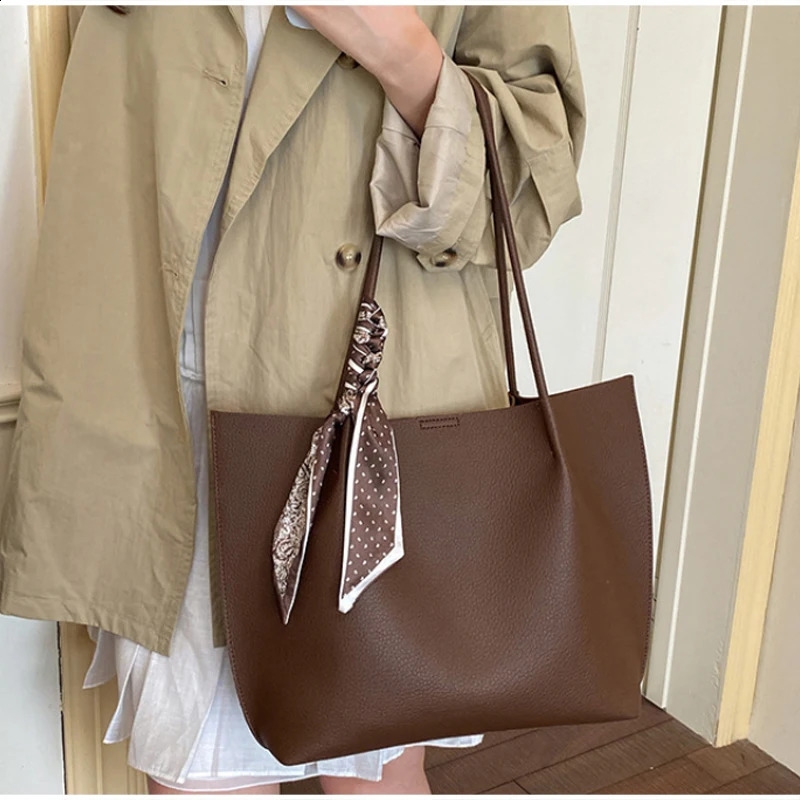 Women Large Capacity Faux Leather Tote Bag Solid Color Casual Shoulder Handbag With Decorative Silk Scarf Daily Shopping Bag 260917