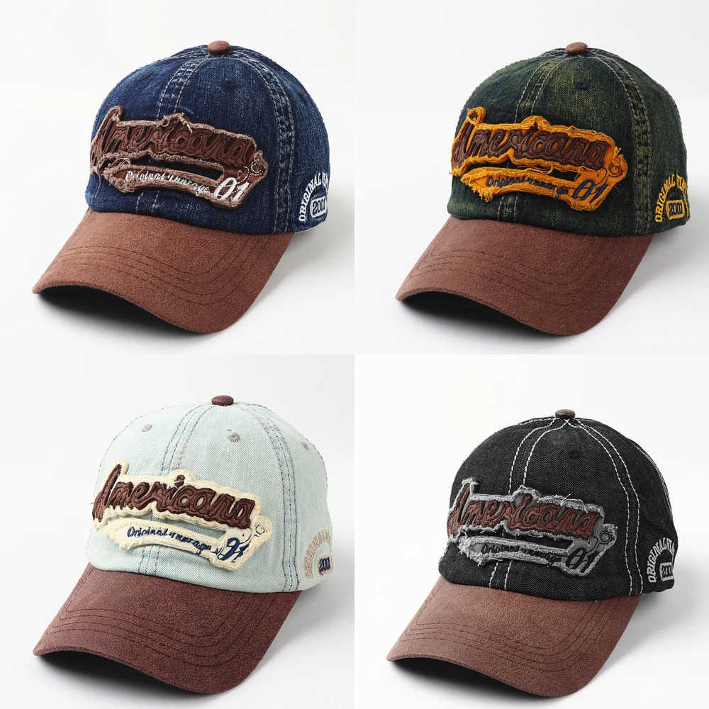 Vintage Women's Men American And Distressed Embroidered Letter Comfortable Visor Hat Washed Suede Denim Patchwork Baseball Cap J260917