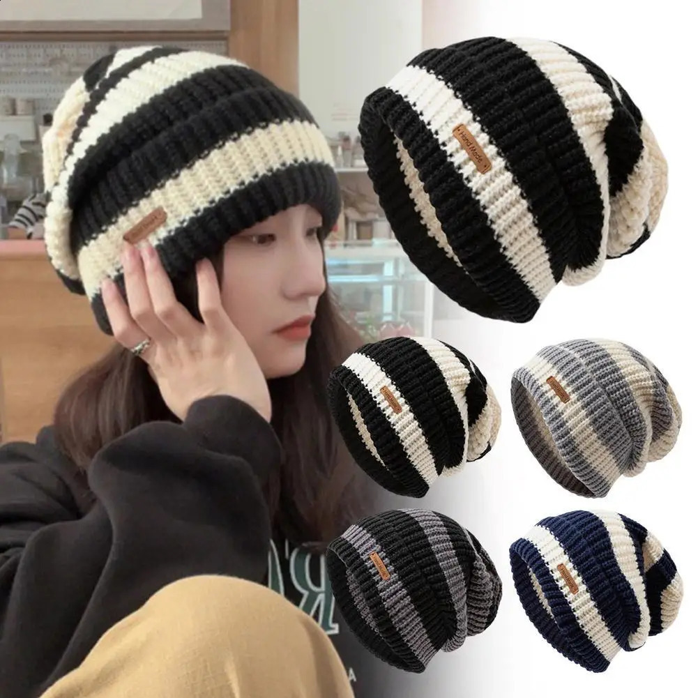 Striped Beanie Winter Hats For Women Knitted Retro Thickened Warm Baggy Cap Trendy Windproof Ear Protect Bonnet Female 260917