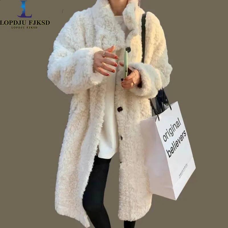 Faux Lamb Fur Coat for Women Single Breasted Long Jackets O-Neck Overcoat Female Clothes Autumn Winter 2025 260917