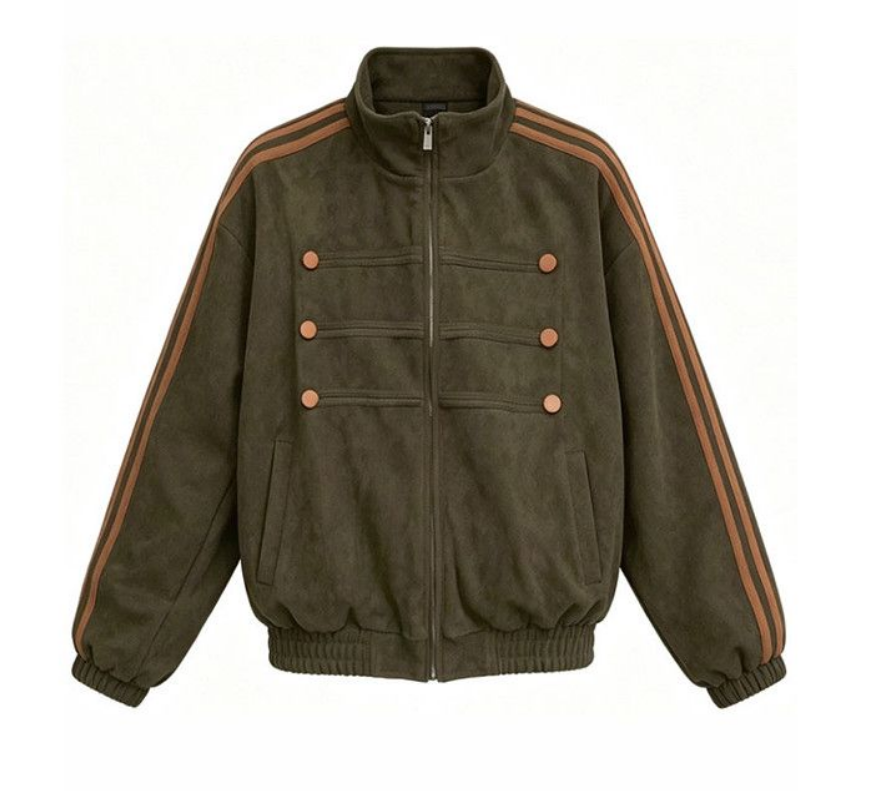 Fashion Women's Women's Oversized Faux Suede Track Jacket Zip Up Jacket Copper Dome Button Chest Bars Stand Collar Streetwear Coats Female