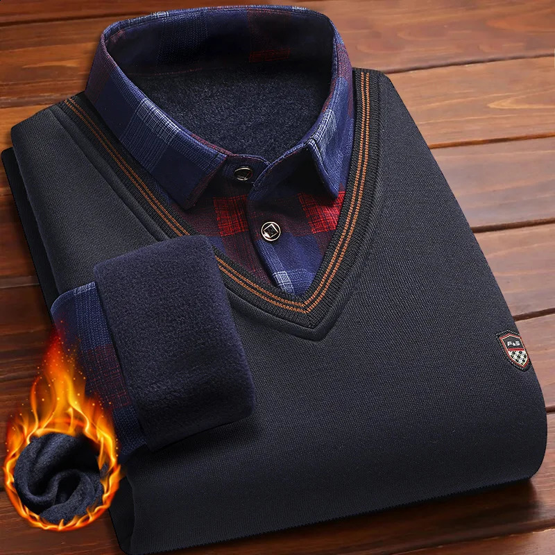 Men's Plaid Pullover Knit Polo Shirts Fleece Lined Sweaters Knitted Bottom Shirts Dad Warm Pullovers Knitwear 260917
