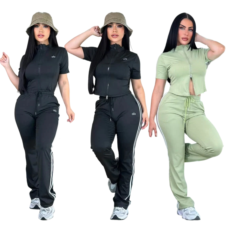 designer Sports brand Women's Tracksuits autumn new high elasticity slim fit sports set short top drawstring micro flared pants womens two piec