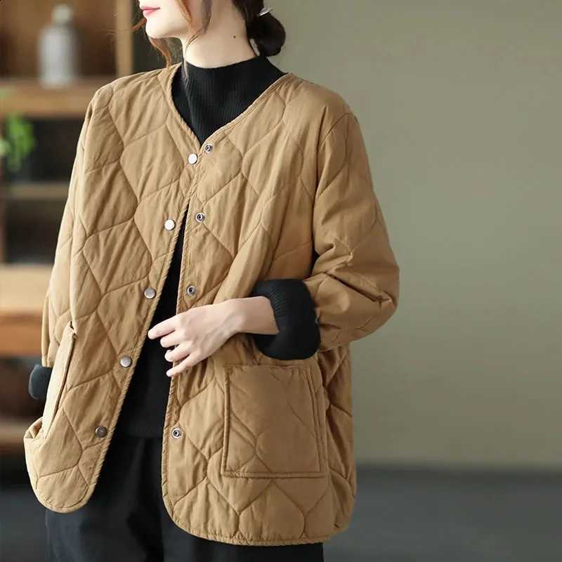 Women's 2026 Autumn Winter New Round Neck Thin Cotton Jacket Oversized Short Retro Casual Coat Female Solid Cotton Outwear Tops H2609171