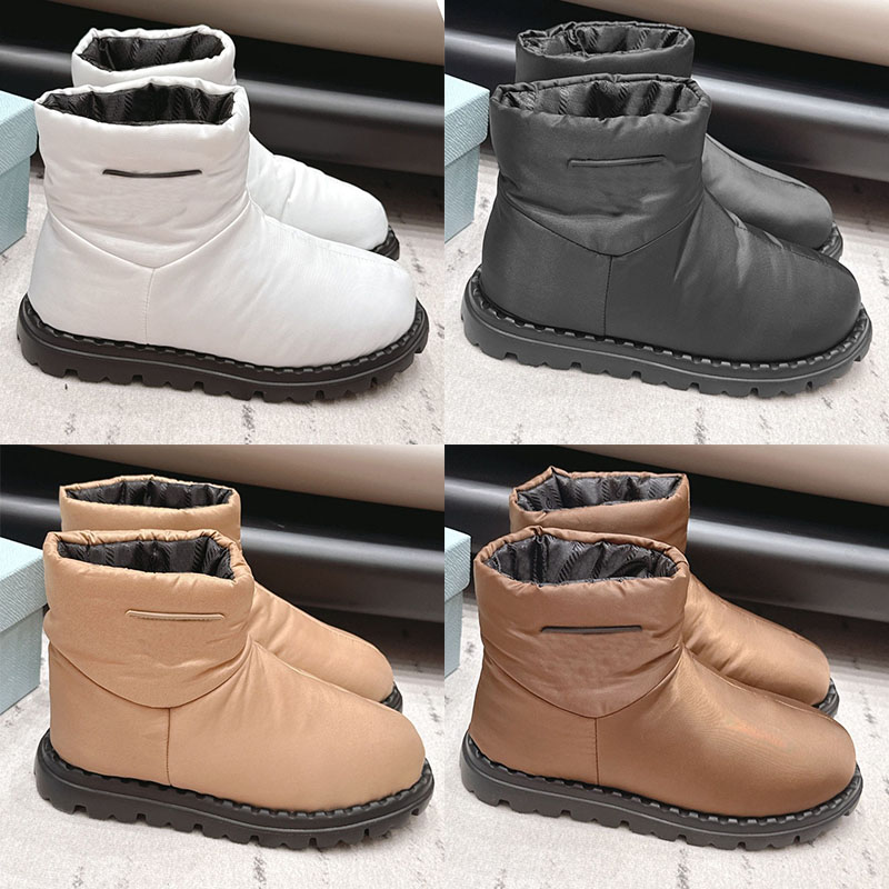 Re Nylon Gabardine Boots Designer Women Simple Round Head Fluffy Down Short Boots Lightweight Cold Resistant Deep Toothed Large Bottom Travel Casual