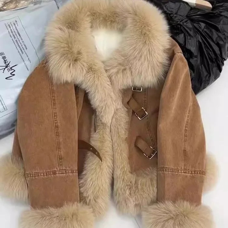 Women Winter Retro Fur Stitching Denim Cotton Jacket Loose Plus Velvet Thicken Cardigan Fur Coat Women Warm Denim Coat 260917