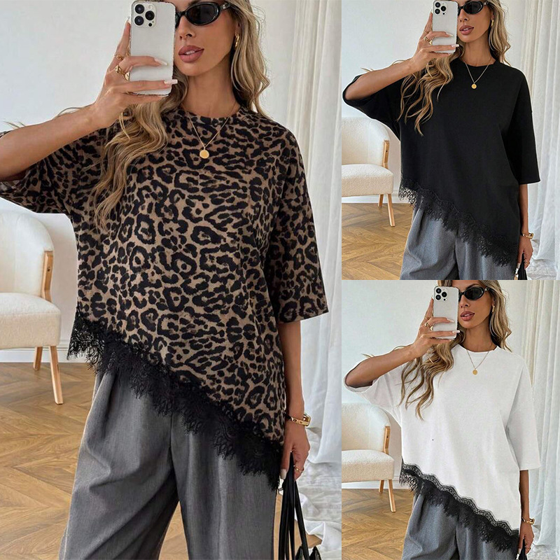 European And American Cross-Border Amazon 2026 Summer New Women's Pullover Printed Leopard Print Lace Patchwork Loose Short-Sleeve T-Shirt WONS