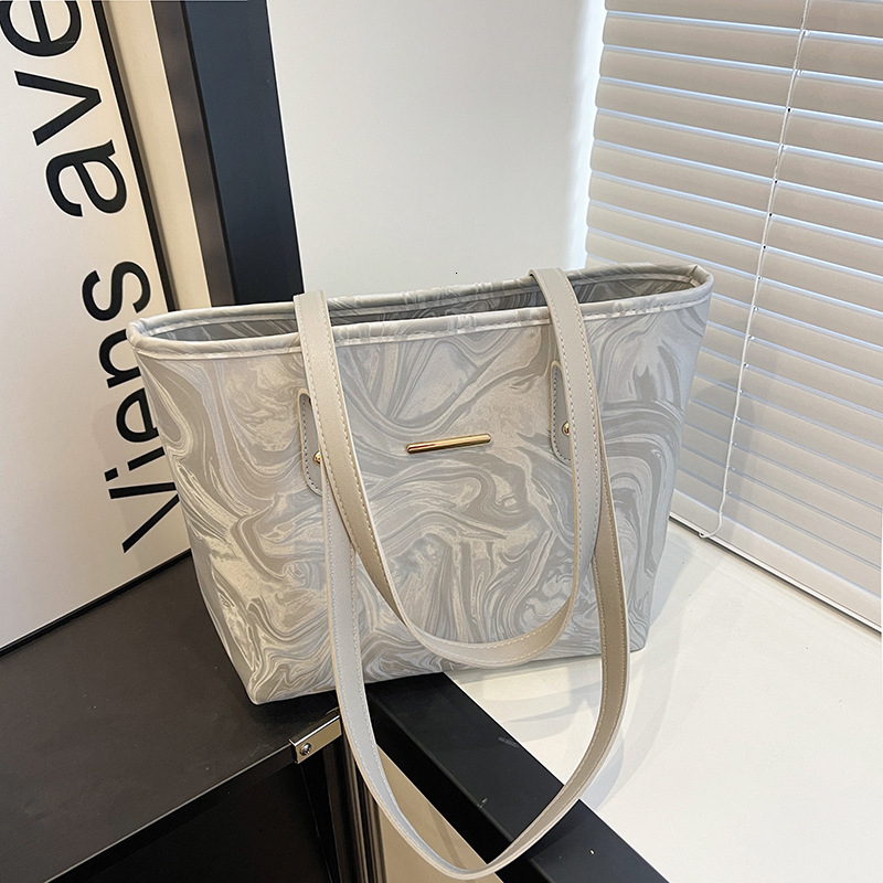 Ladies Light Gray Marble Pattern Tote Bag Large Capacity Casual Commuter Shoulder Purse