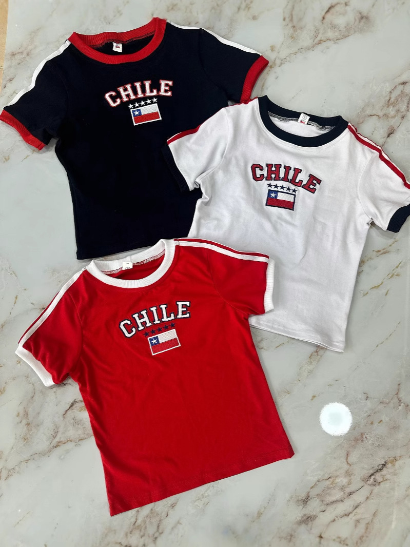2026 Women's Street Trend Fashion New Sexy Flag Letter Embroidered Slim Fit Pullover T-Shirt European and American Cross-Border e8