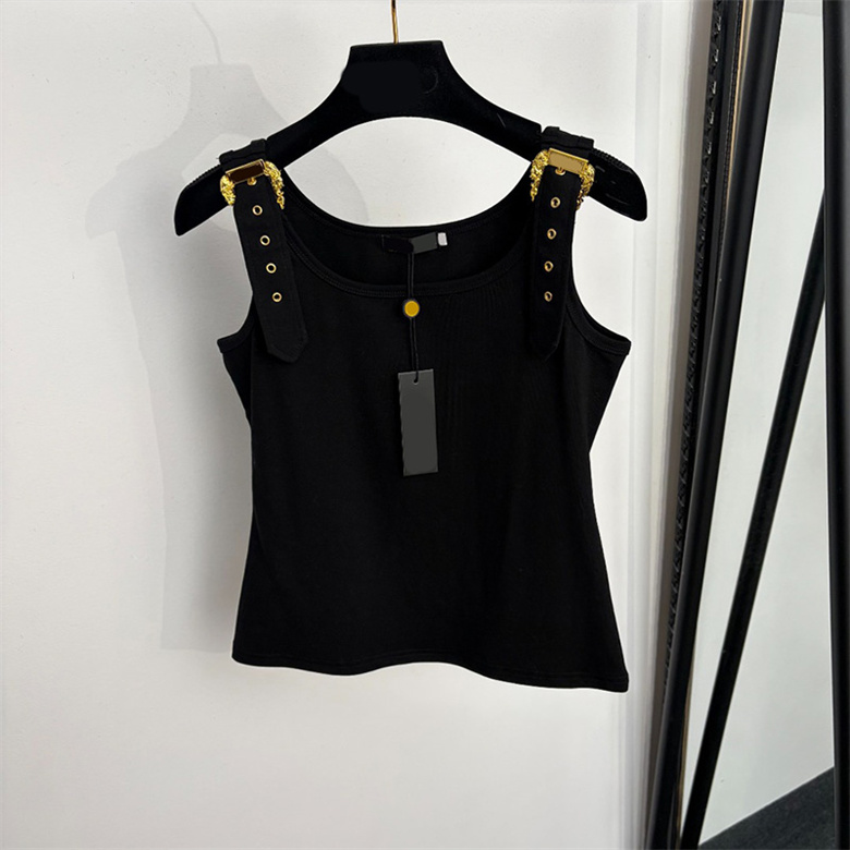 Designer Women Y2K Tank Top Gold Buckle Wide Straps Slim Fit Sleeveless Vest Summer Spring Vacation Party Daily Casual Wear