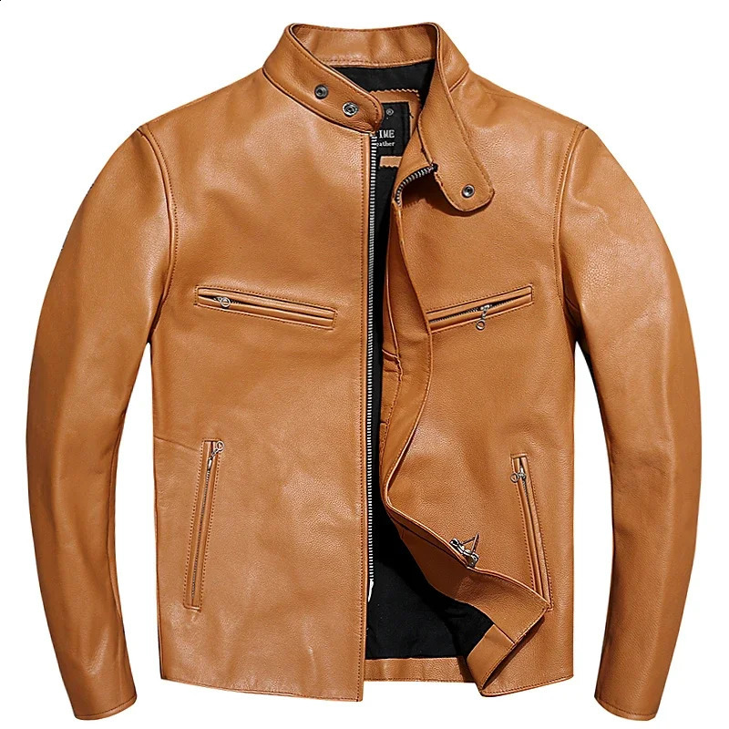 Men's Casual Slim Yellow Genuine Leather Jacket Fashion Cowhide Leather Jacket Vintage Motorcycle Biker Coat Autumn Spring 260917