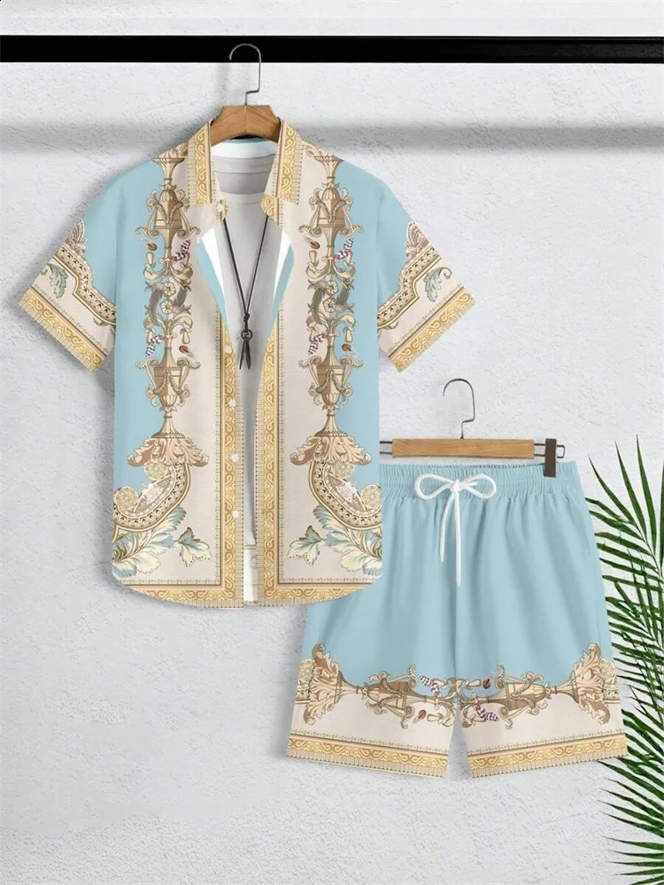 Mens Shortsleeved Shirt Set Luxurious Retro Pattern Print Casual Fashion Daily Summer Vacation 260918