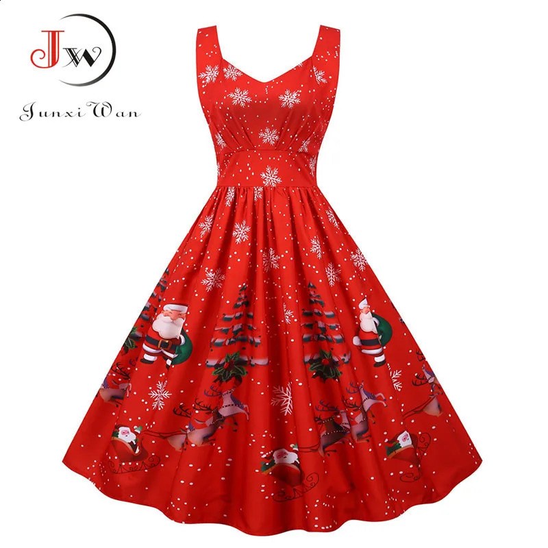 Women Christmas Dress Sexy Spaghetti Strap Vintage Midi Party Vestidos Robe Santa Snowflake Print Xmas Clothes 260918