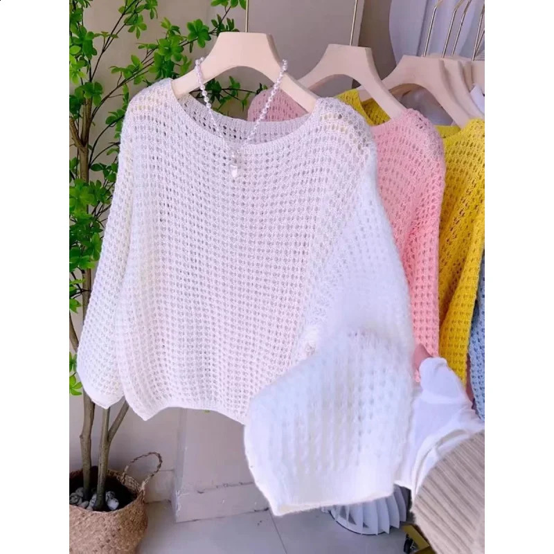 Spring and Summer Thin Hollow Long Sleeve Knitted Sweater for Women Loose Breathable Vintage Top 260917