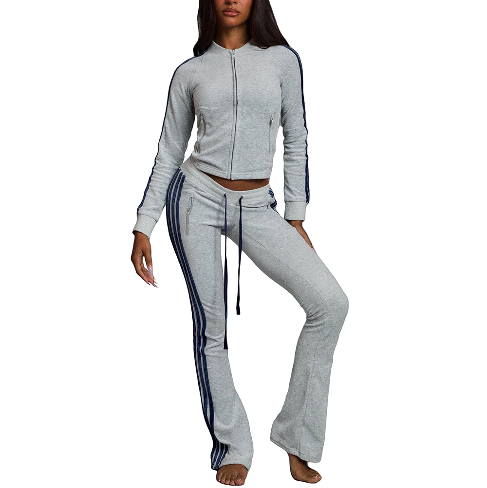 Women's Two-Piece Set: Velvet Micro Flare Trousers with Zipper Drawstrings & Stripes