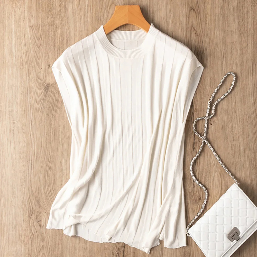 Women's Sleeveless Vest Knit Sweaters Pullover Tank Tops Ribbed Stretchy Crew Neck Mulberry Silk Blend 260916
