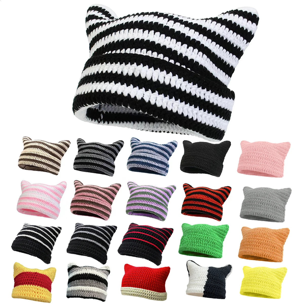 Corchet Cute Cat Ears Beanie Hat for Women Winter Striped Korean Fashion Y2K HipHop Cosplay Knitted Streetwear Men Skullies 260917