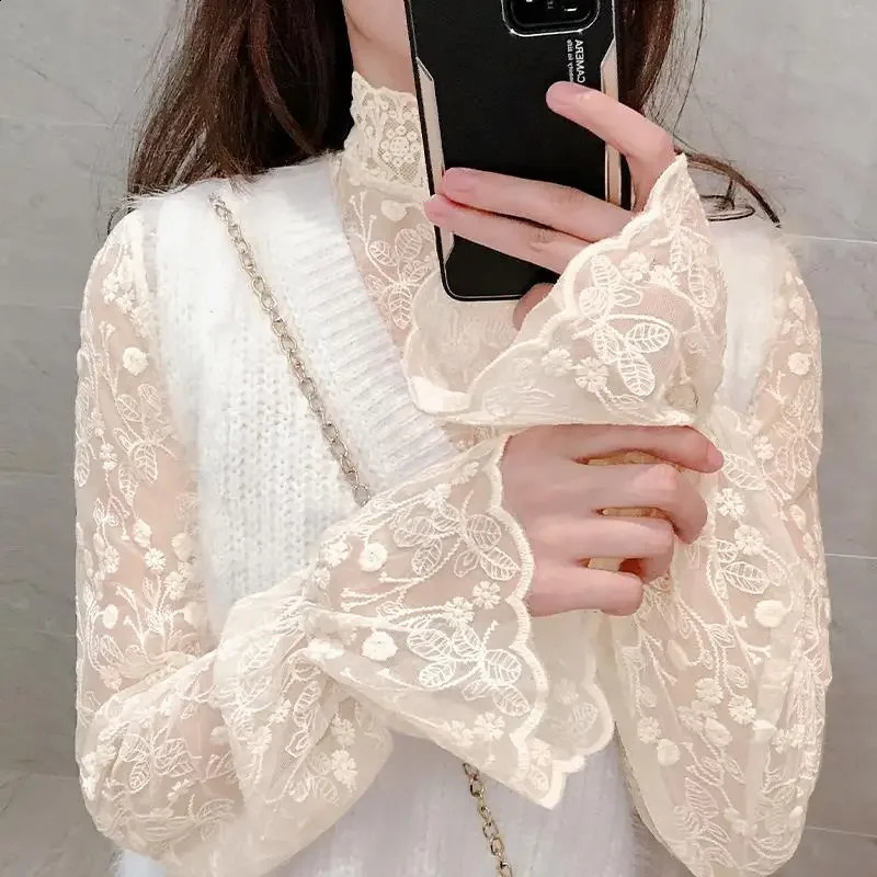 Women Blouse Women's Turtleneck Lace Autumn Winter Bell Sleeve Lotus Leaf Long Sleeve Mesh Top Blusas Ropa De Mujer 260917