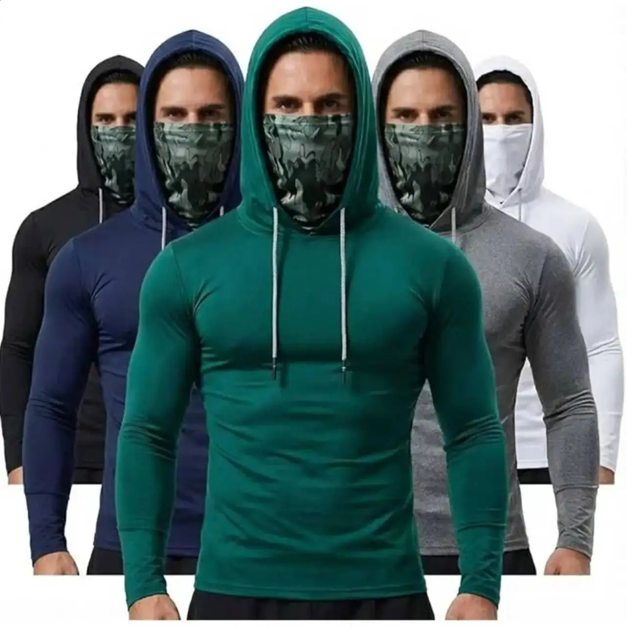 1-Pack Men's Sun Hoodie with Mesh Mask - Quick Dry Compression Fishing Shirts Long Sleeve Outdoor Work Tactical Hiking Gear 260917