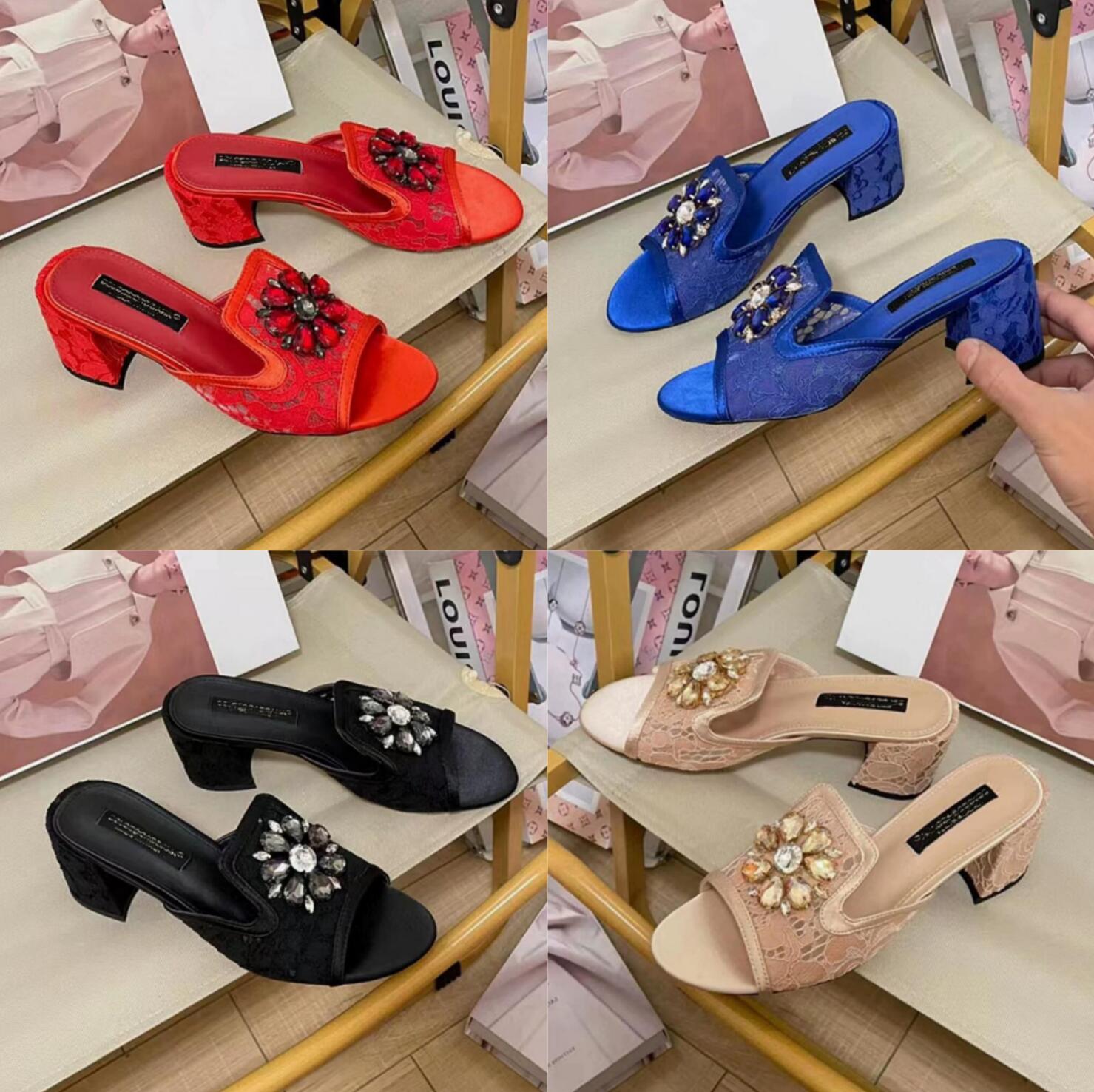 Luxury Women Sandals Floral Lace Rhinestone Flower Block Heel Mules Open Toe Slip On Chunky Heel Slide Sandals Summer Party Dress Slippers EU35-43